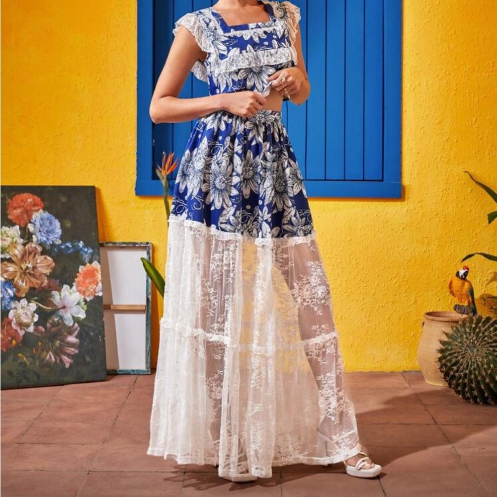 Frida Kahlo Floral Blue and White Skirt with Lace Overlay